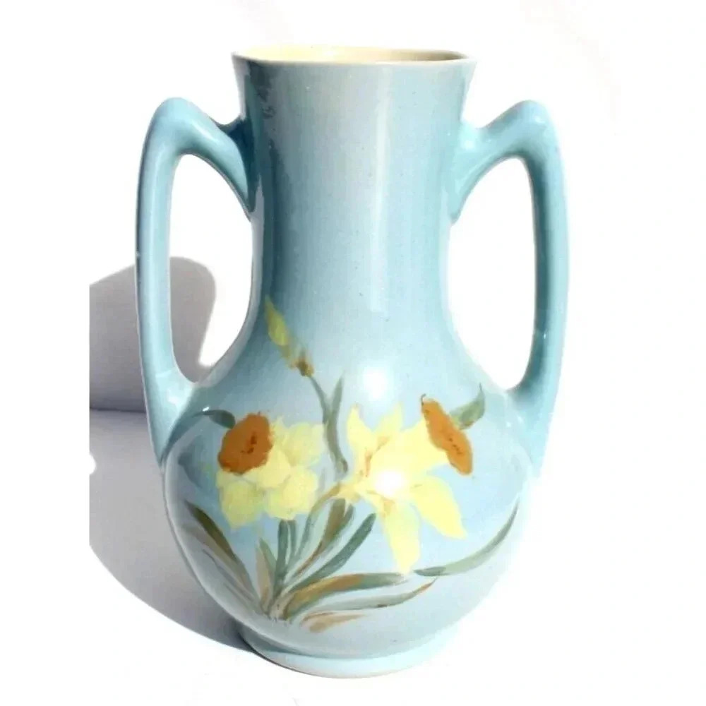 VTG Calif Regal Square Vase Planters Pot Daffodil Design Artist Signed Pottery